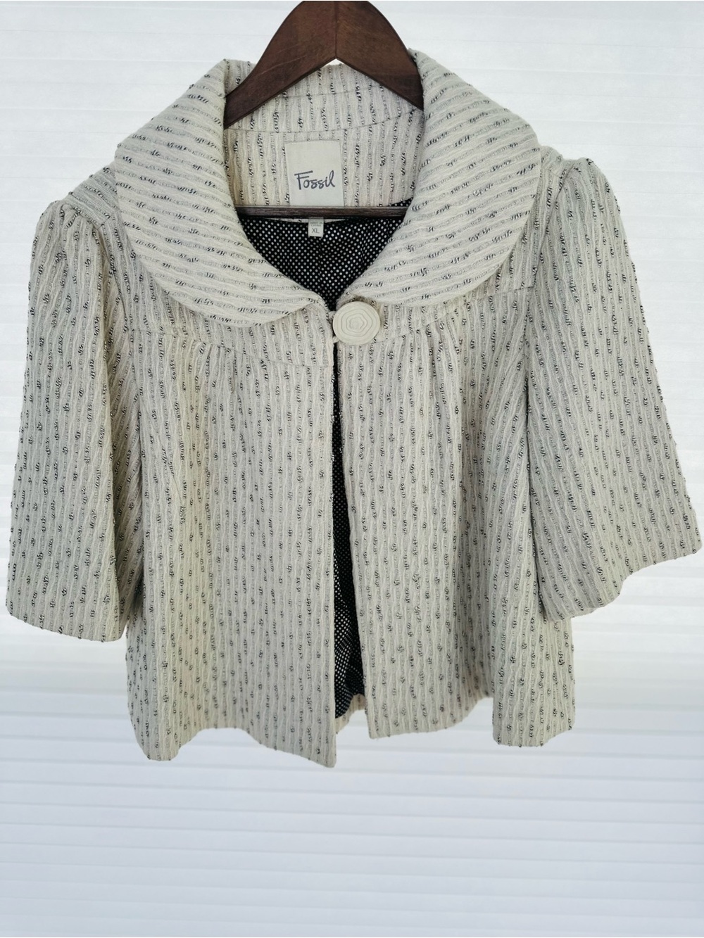 Fossil Cream Wool Blend Cropped Swing Jacket Big Button Shawl Collar XL